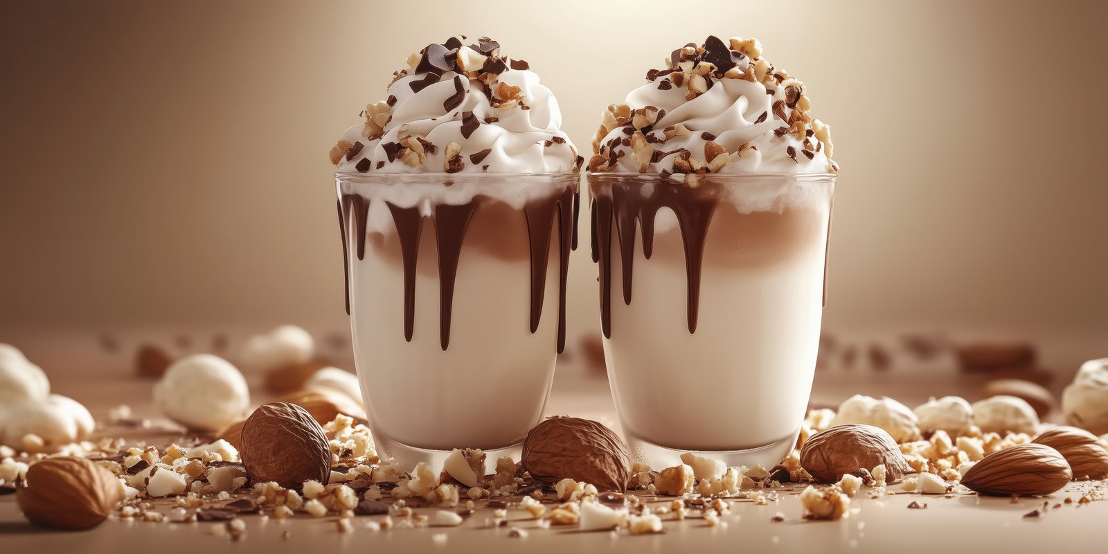 Creamy dessert cups topped with chocolate drizzle and nuts create a delightful treat for sweet lovers